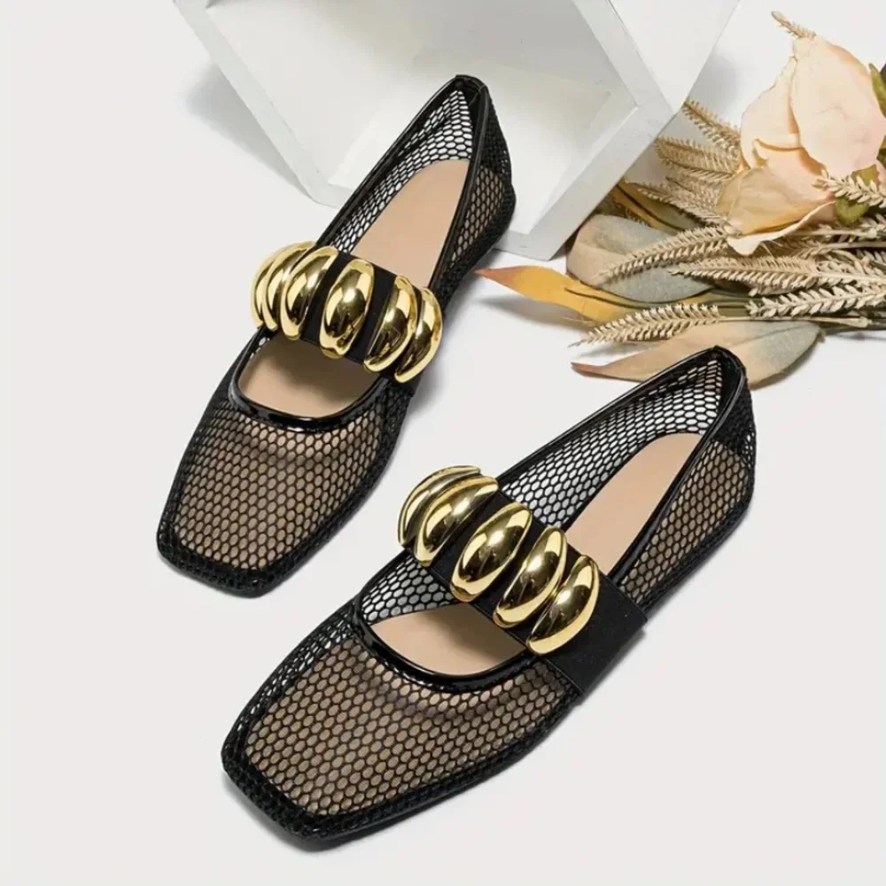 New Fishnet Mesh Ballet Flats Gold Metallic Buckle NWT Black Slip On Square Toe - Picture 2 of 9